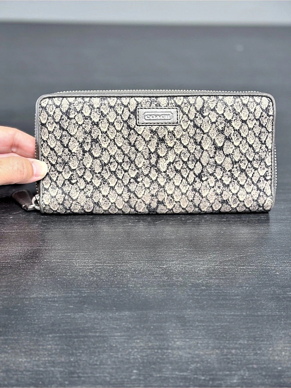 Coach Python/Snakeskin Print Zip Around Wallet Gray Taupe Black Classic